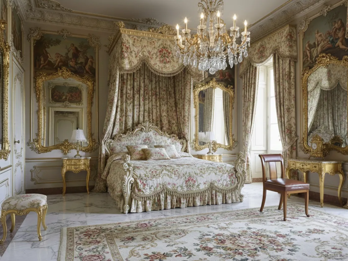 antique chair to restore in an elegant ornately decorated bedroom.