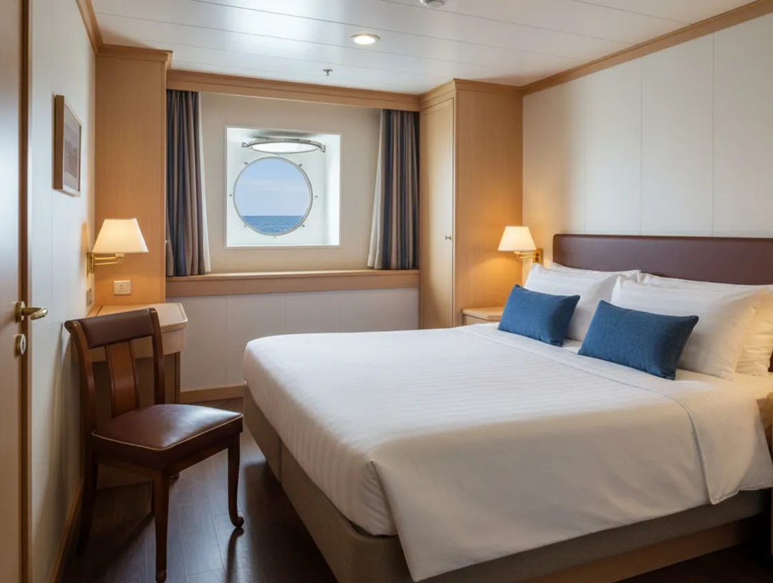 cadeira antiga de madeira em um ambiente elegante de quarto, com janela circular