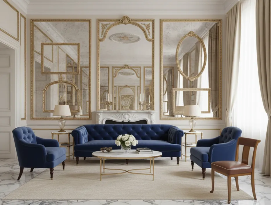 antique chair with classic design, part of an elegant living room with golden decor