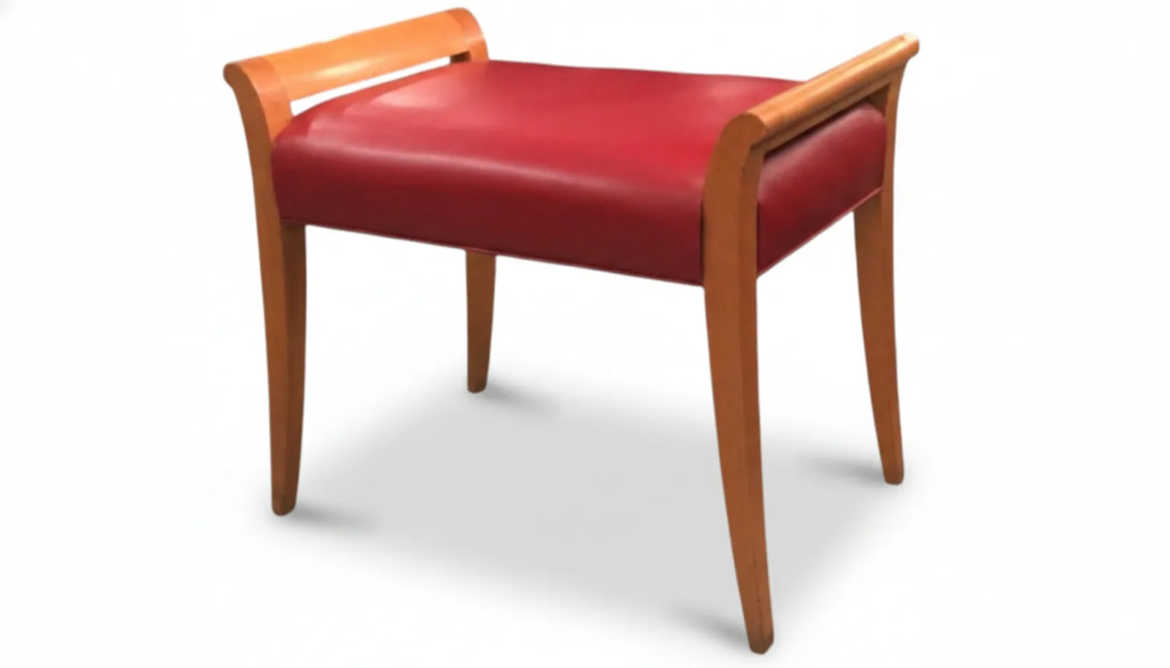 Banqueta antiga Art Deco com estofamento vermelho e pernas finas