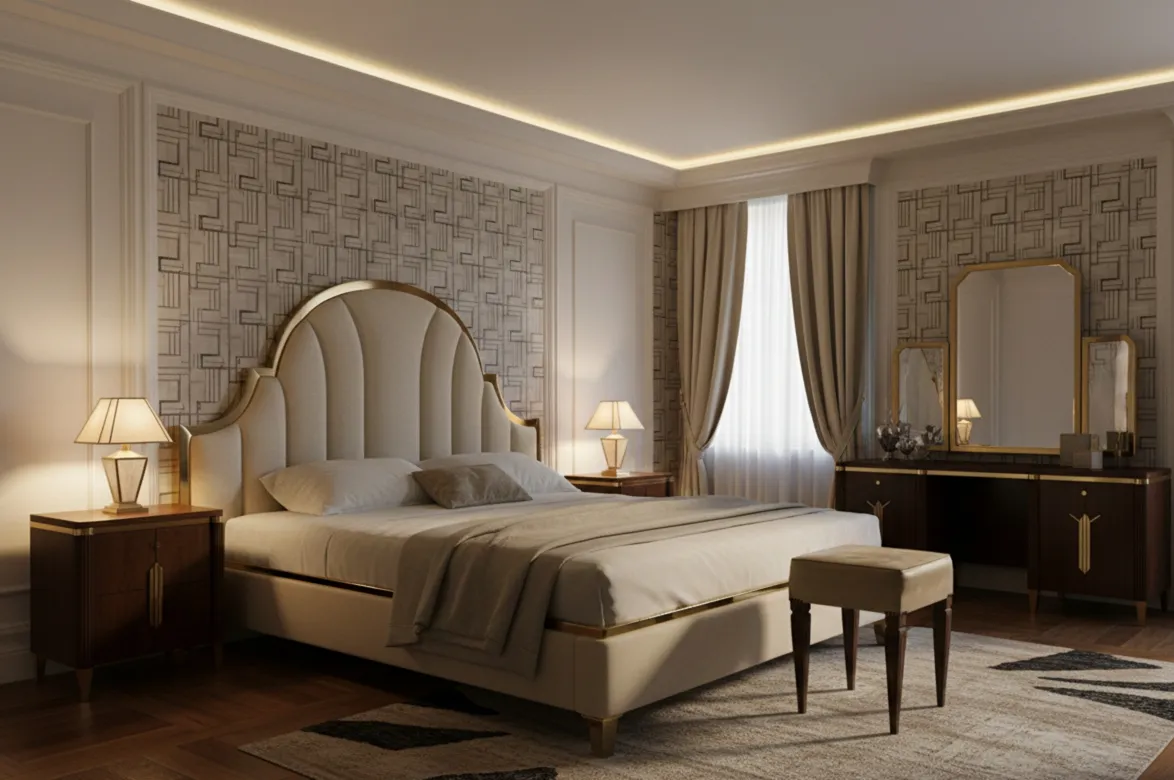 Banqueta antigua en un ambiente clásico y elegante, con accesorios decorativos.