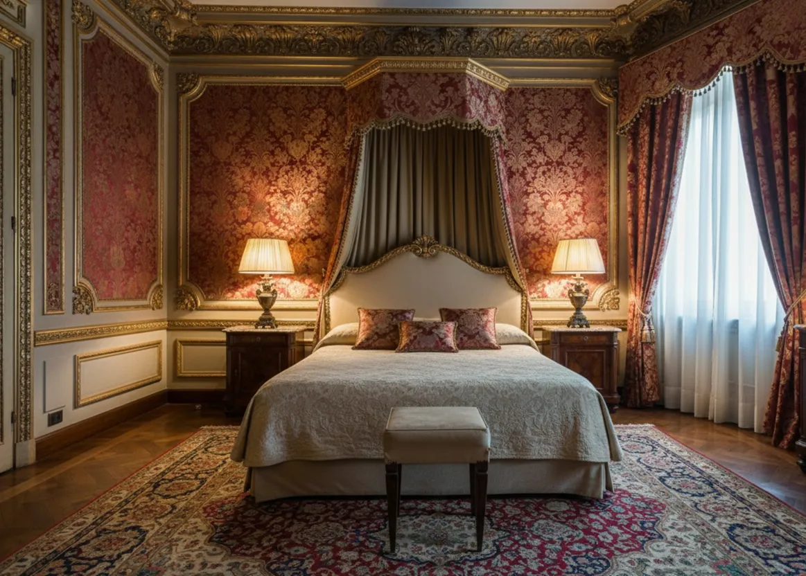 Antiga banqueta em uma sala decorativa com cortinas luxuosas.