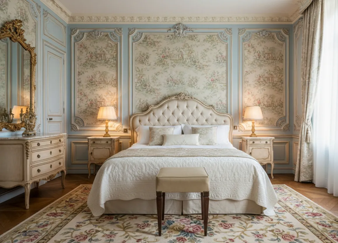 우아한 침대와 커튼이 있는 침실의 작은 발받침대