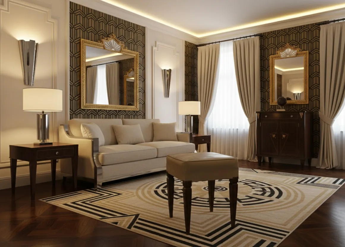 Banqueta antigua en un salón contemporáneo, con alfombra y sofá.