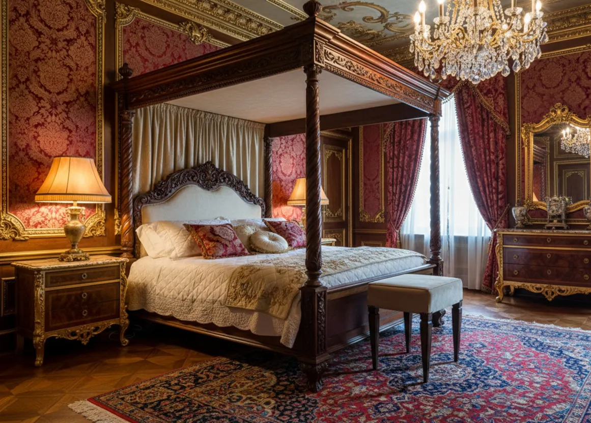 Tabouret ancien dans une chambre décorée avec des textiles luxueux.