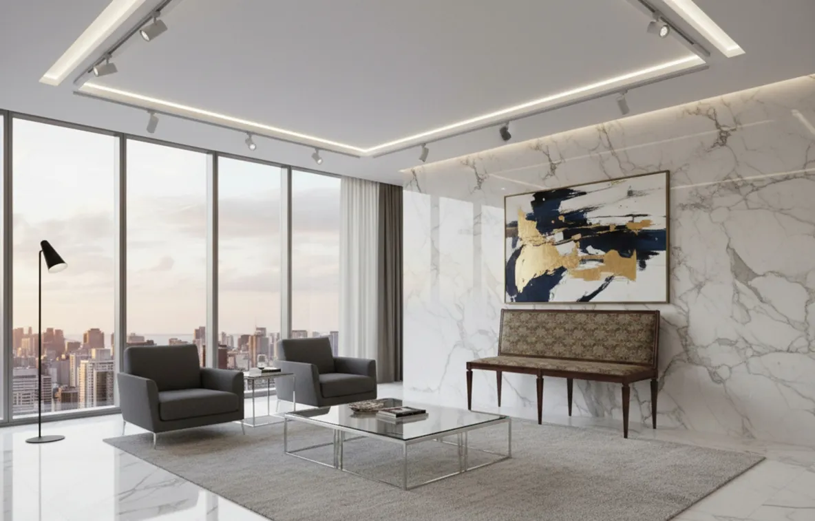 エレガントな室内にある古いスツールのビュー、ライト付き。