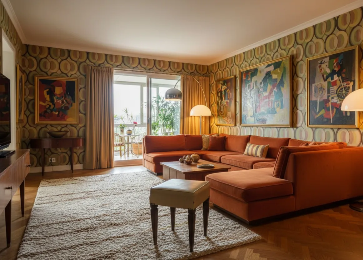 Antique sidewalk in a classic setting with orange sofa