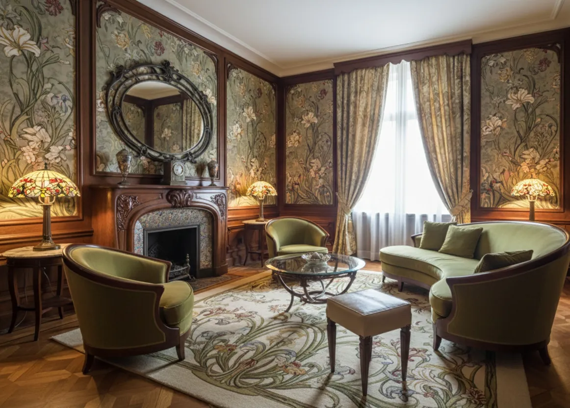 古老的客厅小板凳，风格优雅，周围装饰着花卉。