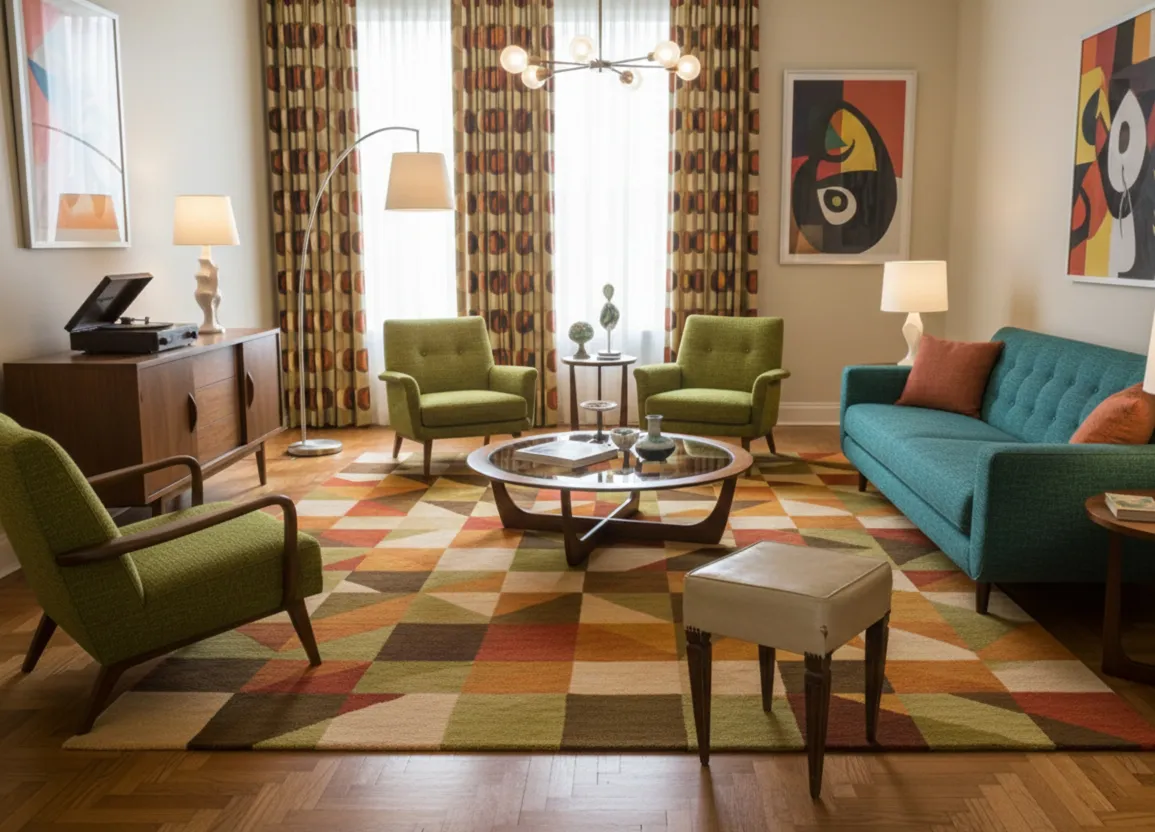 Antiker Hocker mit weißem Sitz in einem modernen Wohnzimmer mit grünen Stühlen.