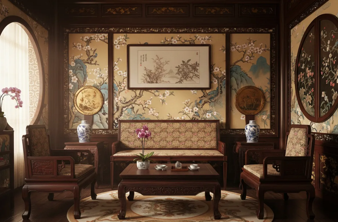 Tabouret antique avec tissu floral dans un cadre élégant.