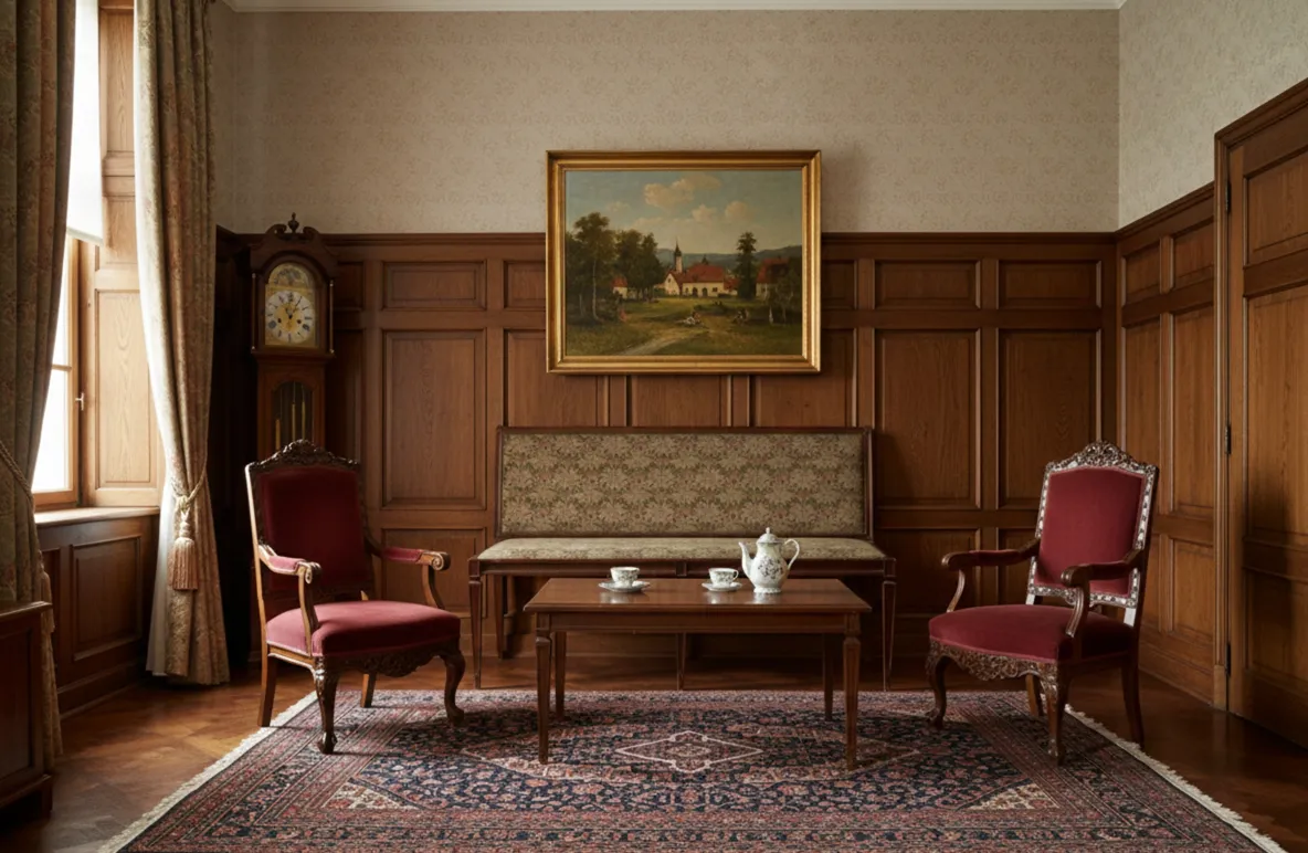 Banqueta antiga baixa em uma sala elegante com pintura e relógio.