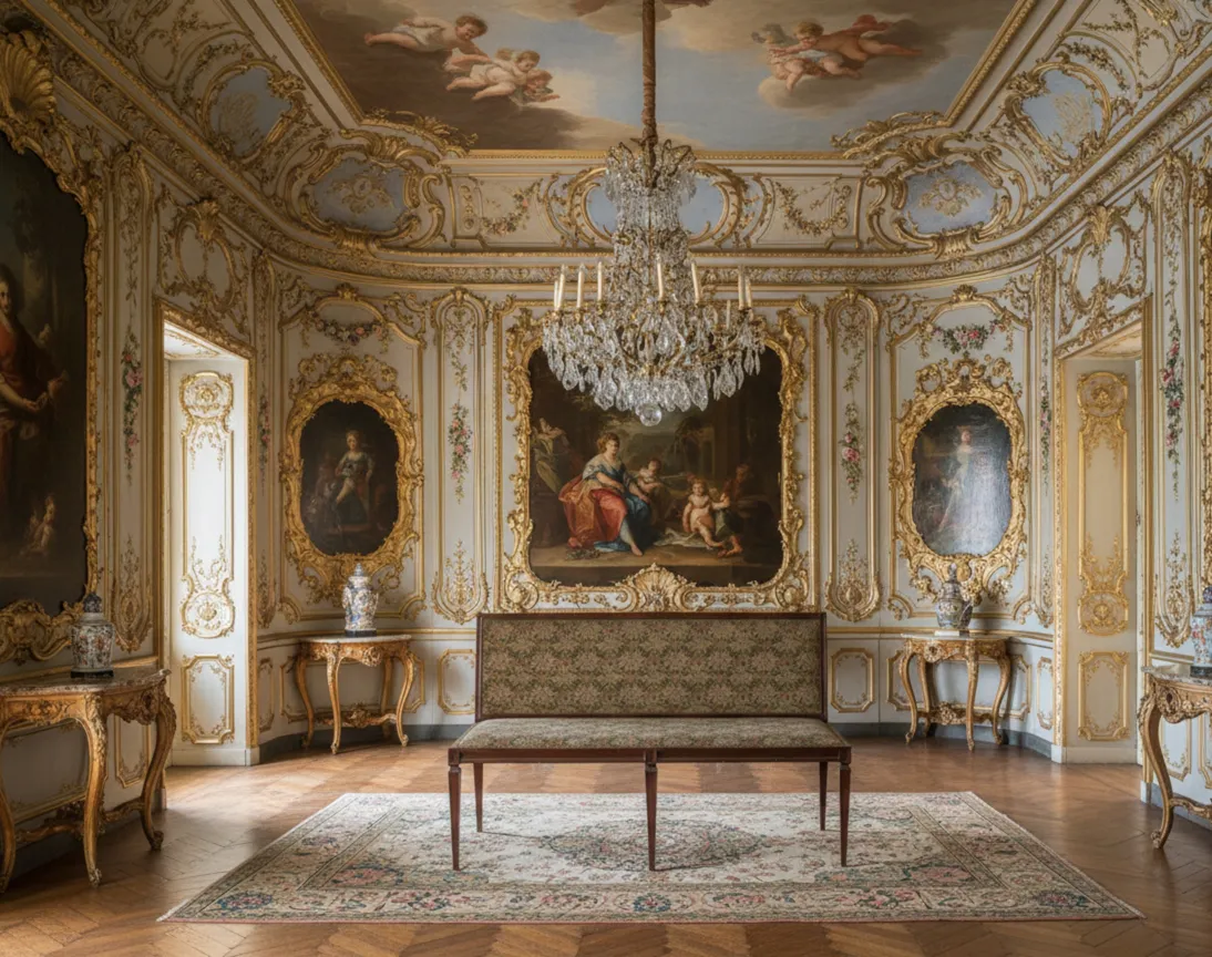 Antigua banqueta decorada en un elegante entorno clásico