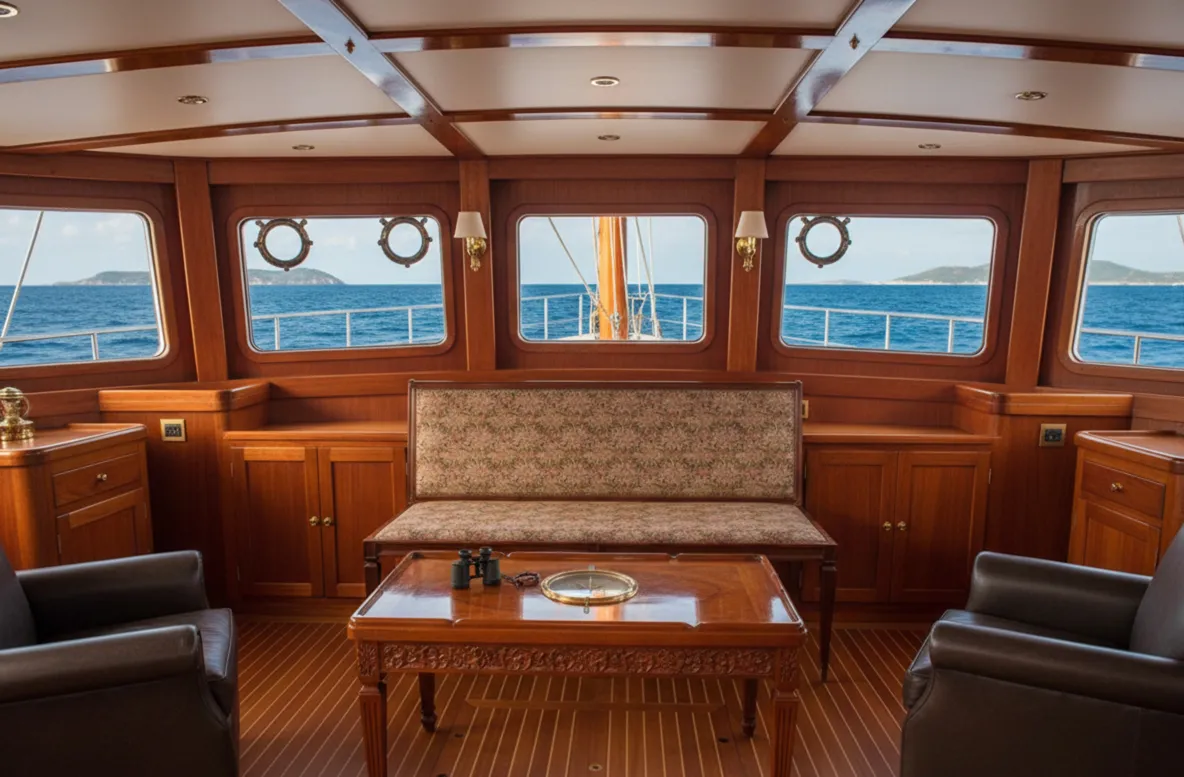 tabouret ancien dans l'intérieur d'un yacht avec vue sur la mer