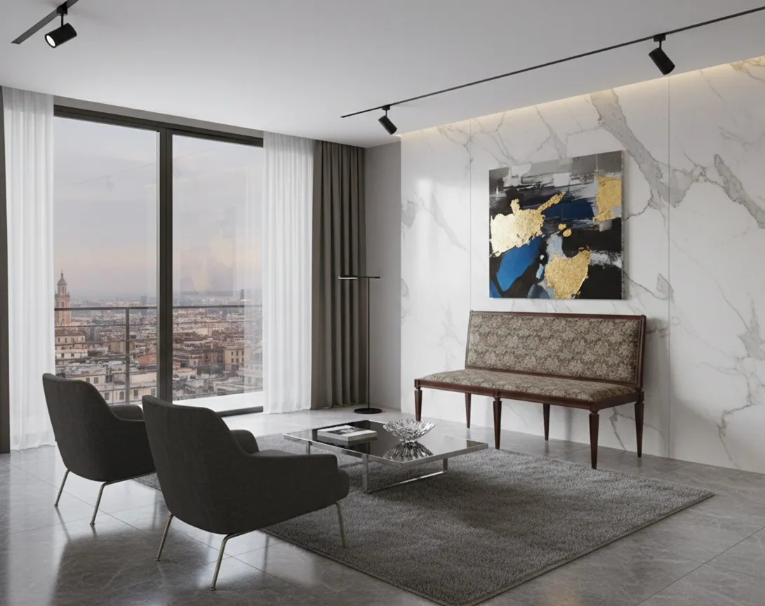 Banqueta antigua decorativa con patrón floral, en un ambiente moderno