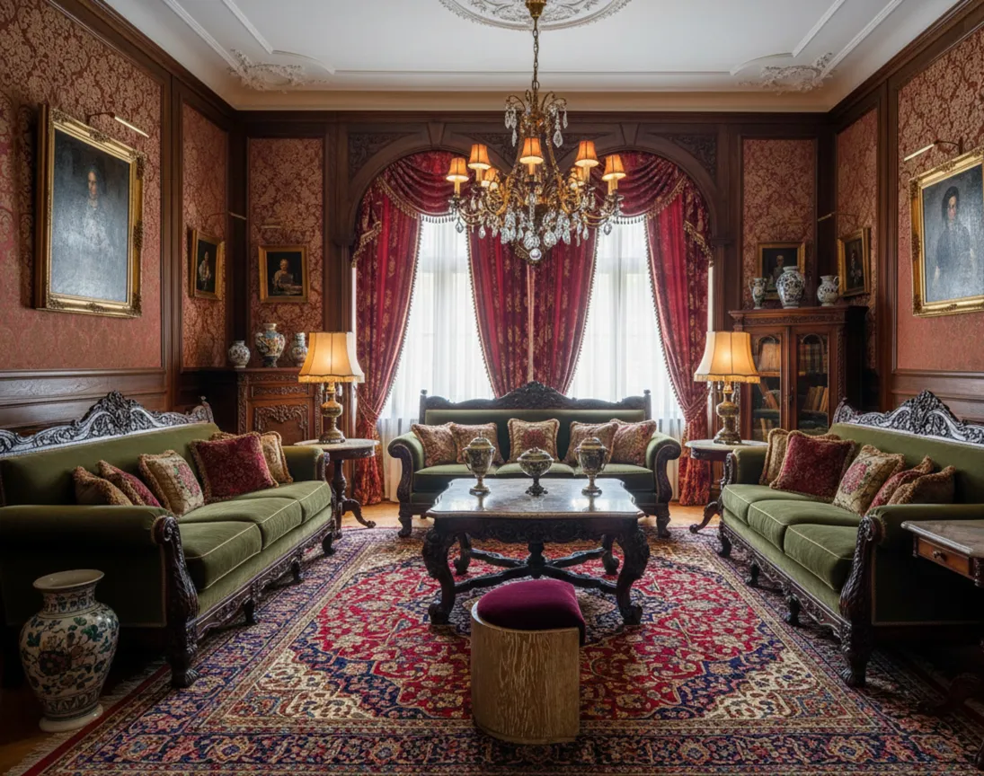 Banqueta antiga de sala com detalhes ornamentais em ambiente clássico.