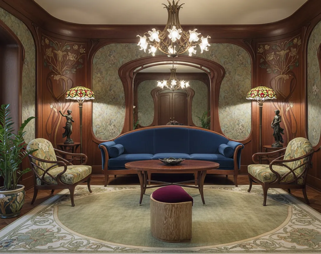 alter Hocker mit ornamentellem Design und sanfter Farbe, in klassischem Umfeld.