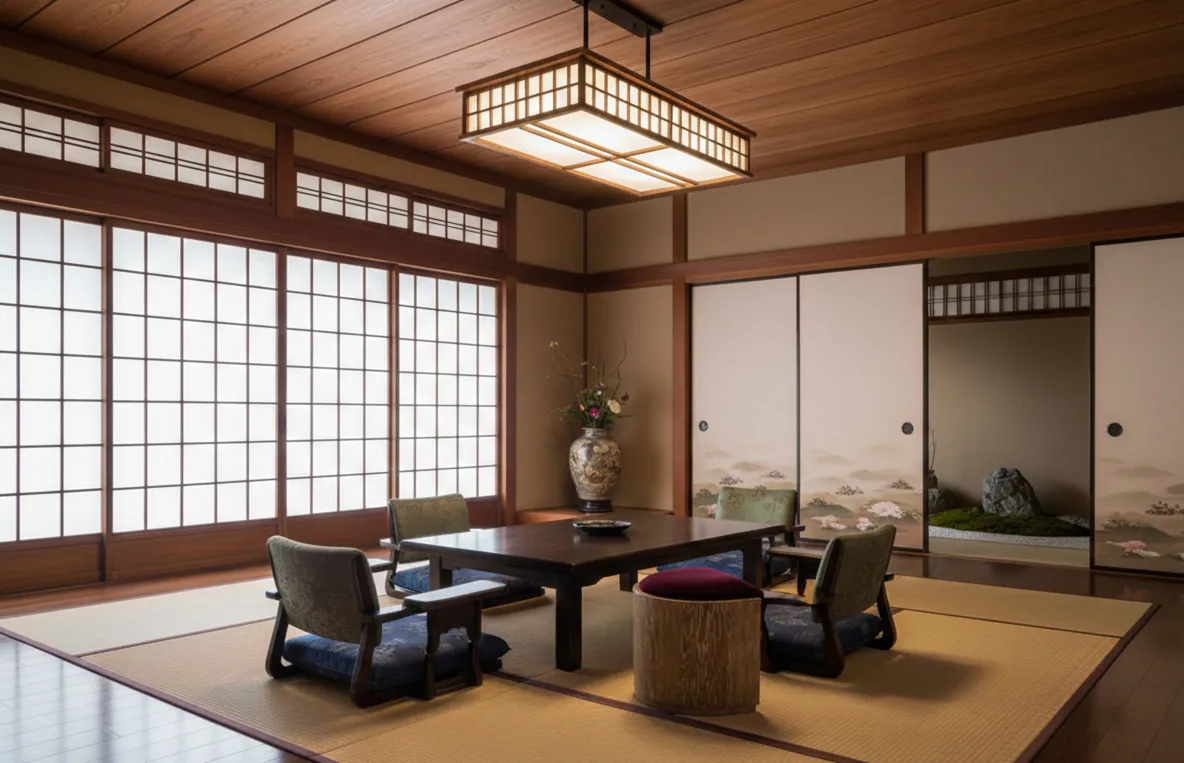 Antigua banqueta japonesa de estilo tradicional en habitación