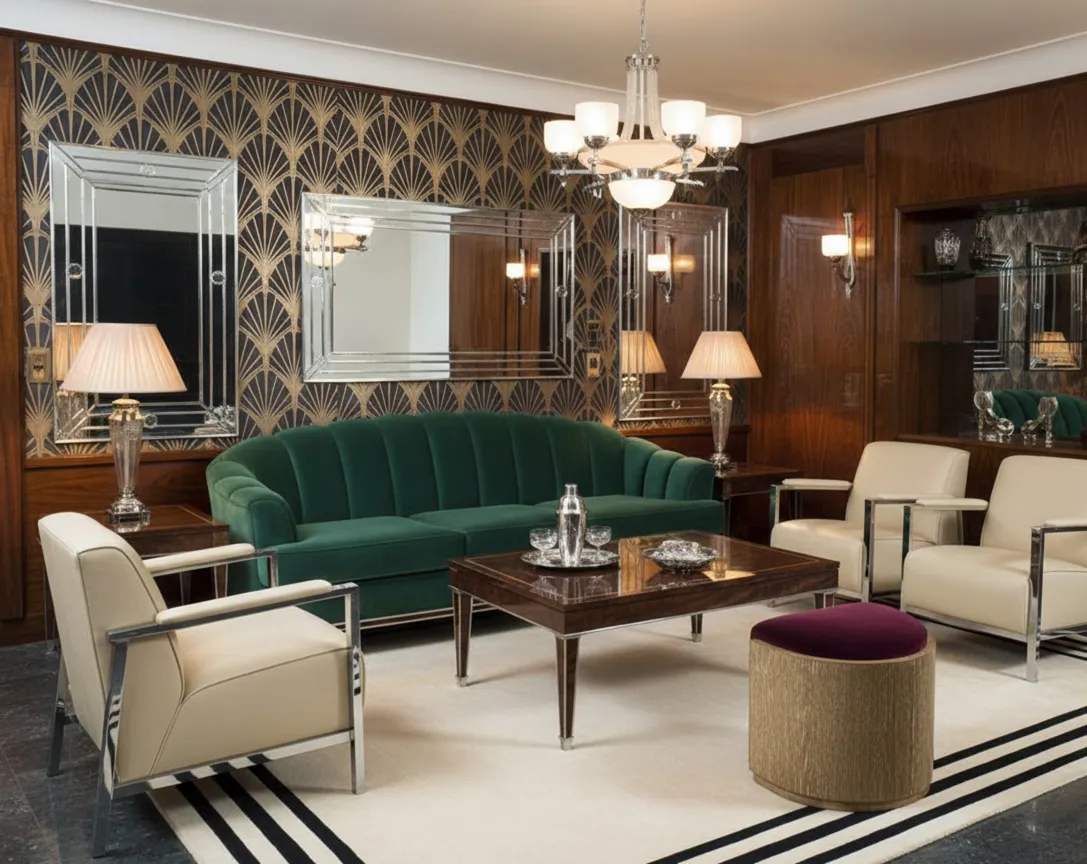 Antiker Hocker in einem klassischen Wohnzimmer mit grünem Sofa