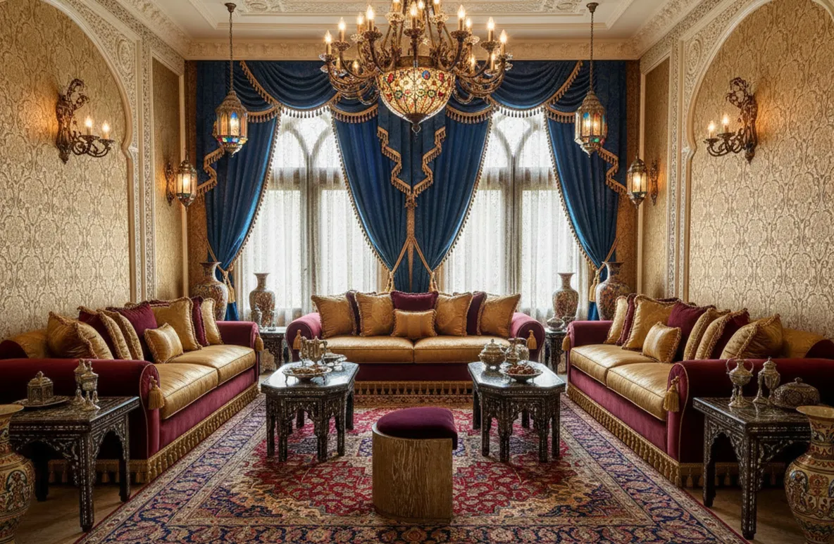 Antiga banqueta redonda em uma sala elegante com sofá dourado e cortinas azuis.