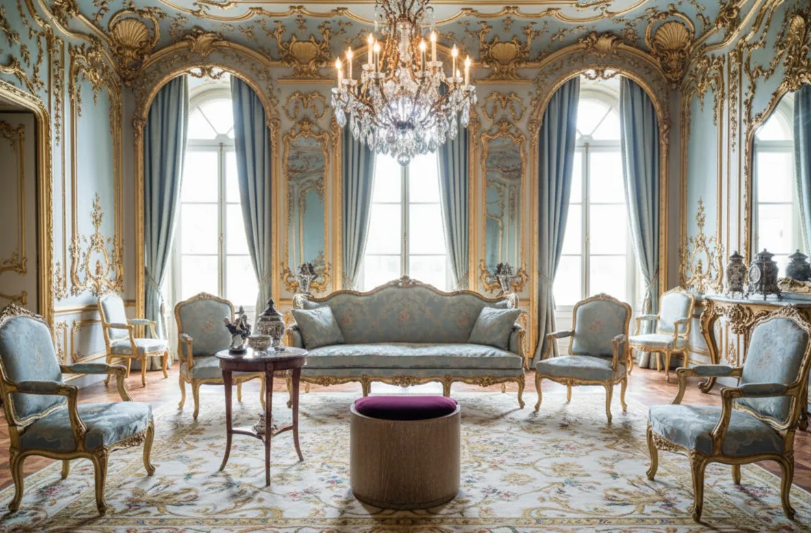 Antiker Hocker in einem eleganten Wohnzimmer mit ausgeklügelter Dekoration.