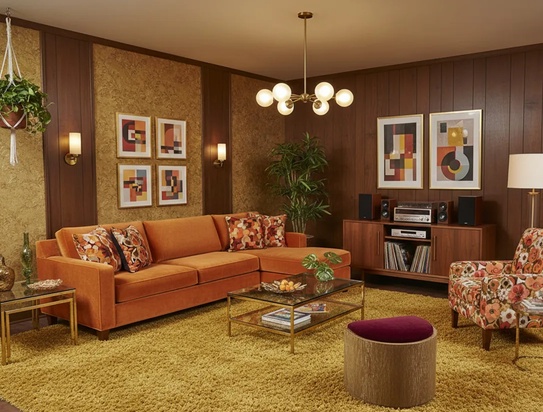 antique decorative sidewalk in a cozy living room with orange sofa and plants