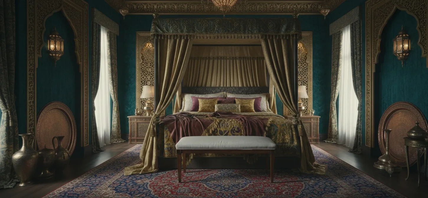 tabouret ancien dans une chambre décorée avec des rideaux et des coussins