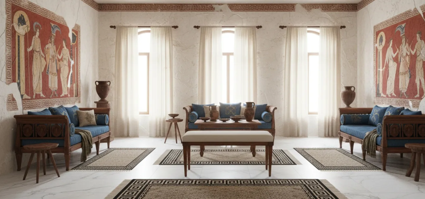 Sgabello antico in un ambiente classico, con decorazioni sottili e luce naturale.