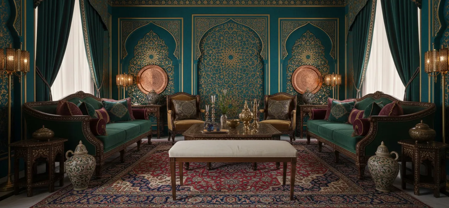 Antiker Hocker in einem luxuriösen orientalischen Wohnzimmer