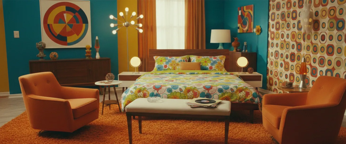 antiker Hocker mit bunter Dekoration in retro Ambiente