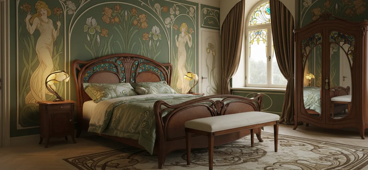 banqueta antiga em quarto com decoração floral