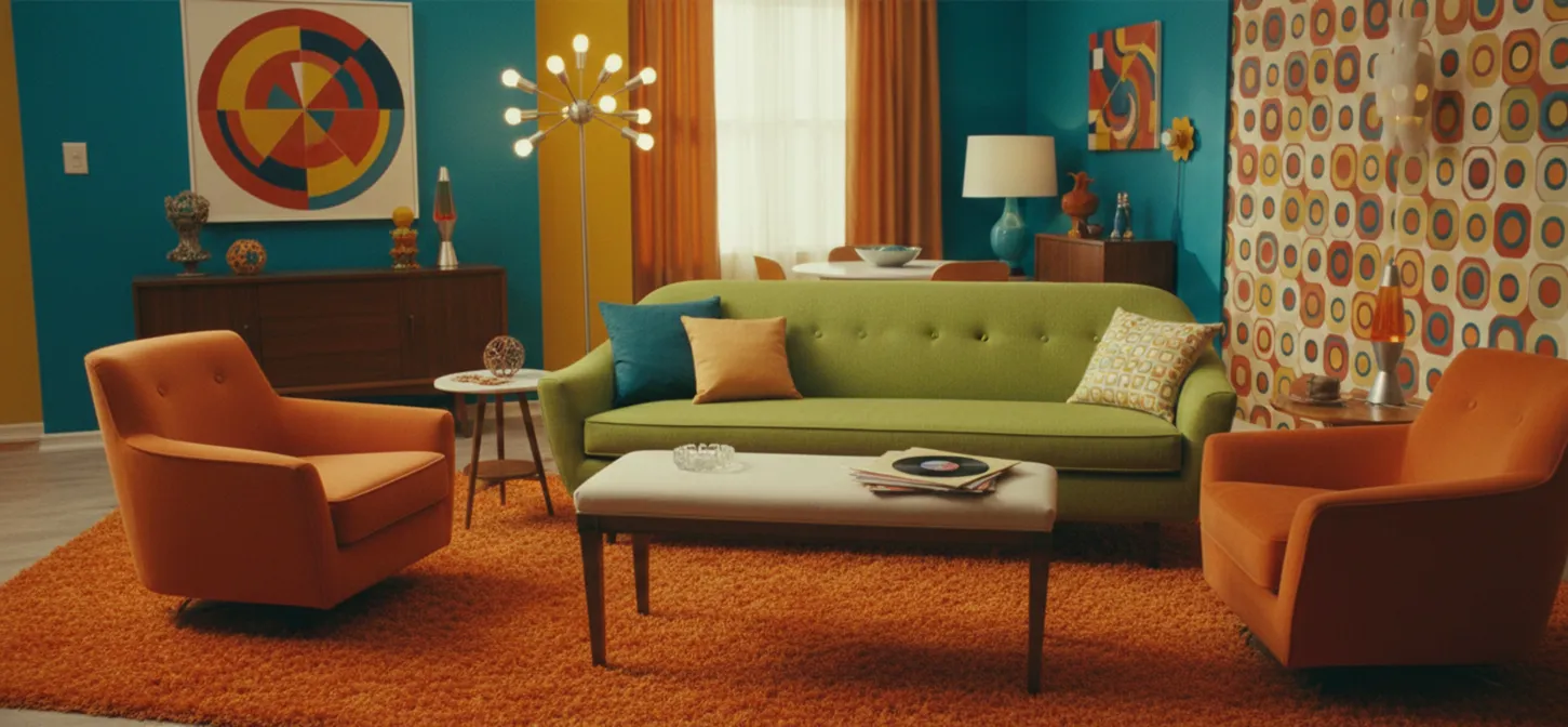 고전적인 발받침대가 화려하고 활기찬 장식 속에 있다.