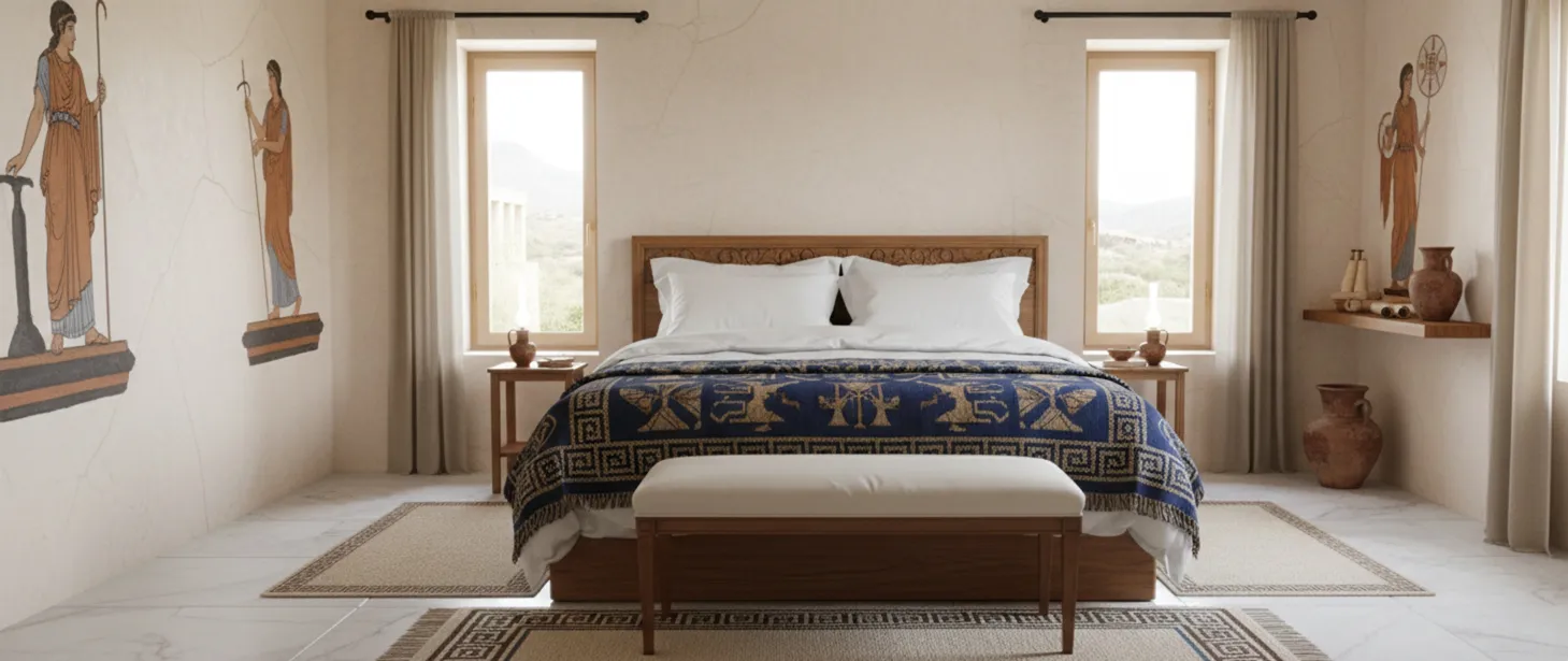 ancient art on walls and resting stool in room