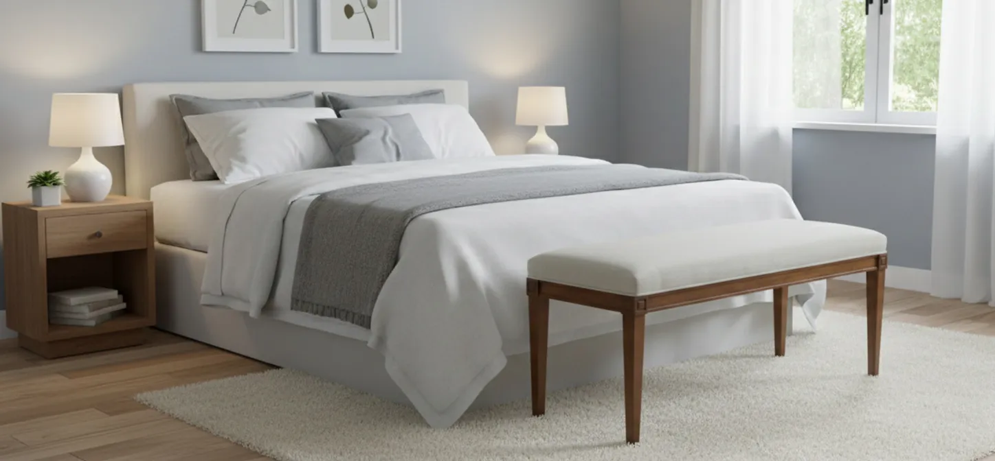 banqueta antiga branca em um quarto aconchegante com cama e lampadas