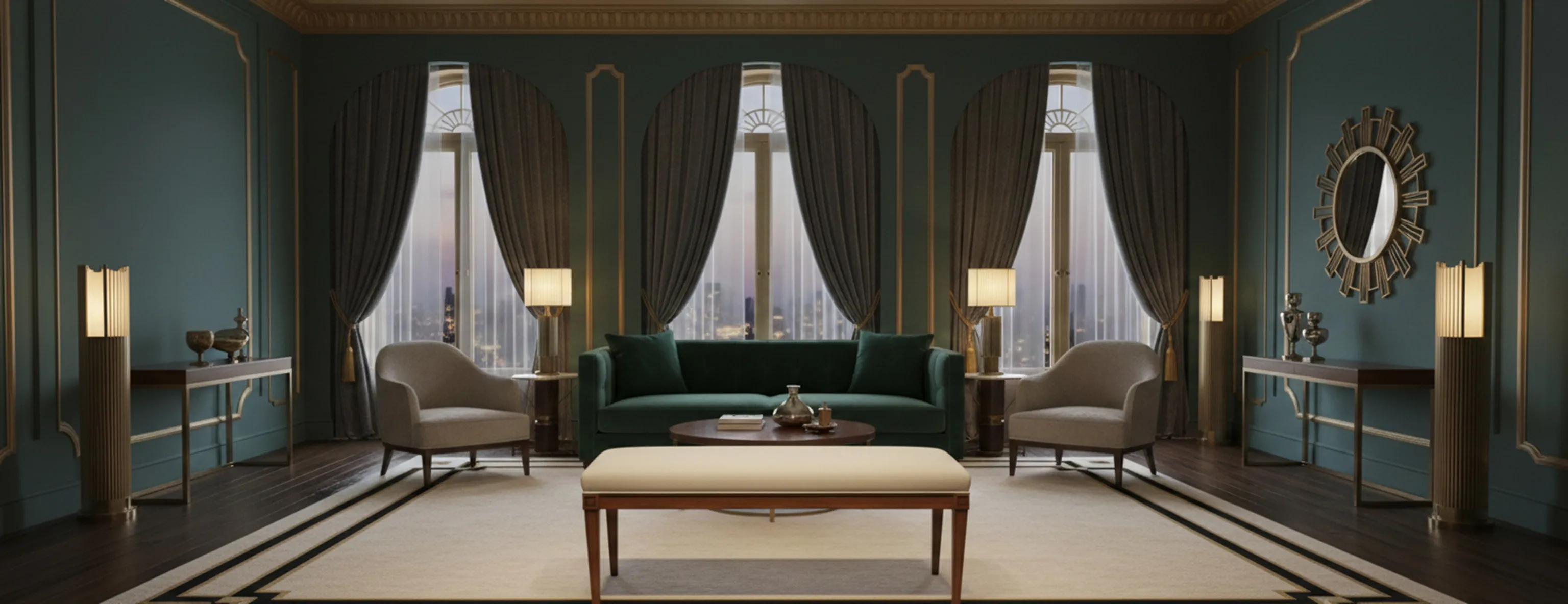 antique stool in an elegant living room with large windows