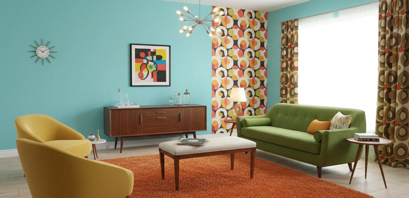 Tabouret ancien dans un salon moderne et vibrant.