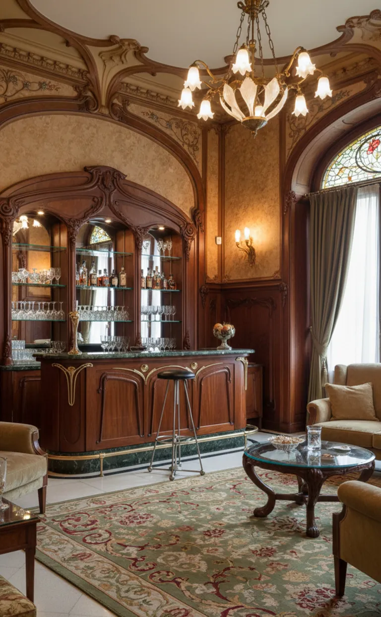 banqueta antigua de estilo clásico en un bar elegante con vidrio y madera