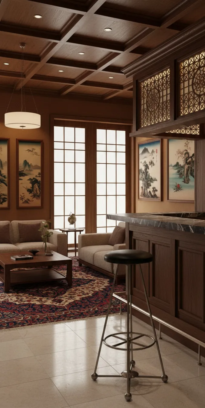 古老的黑色座位凳在舒适的房间里