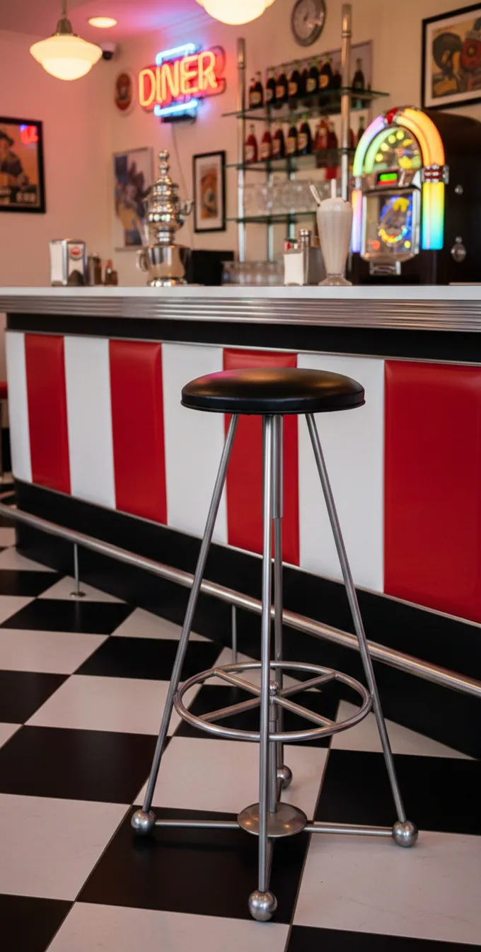 Banqueta antiga com assento preto em diner colorido