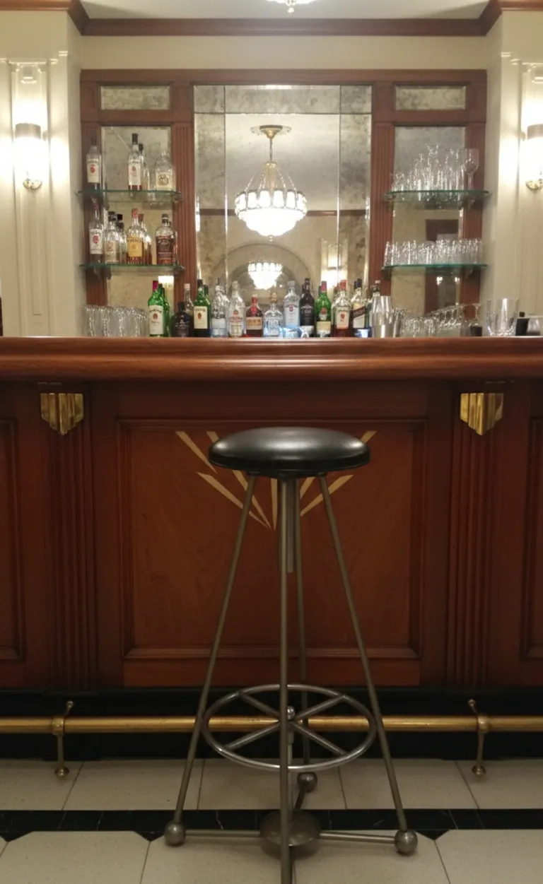 Antiker Hocker in einer Bar mit Flaschen im Hintergrund