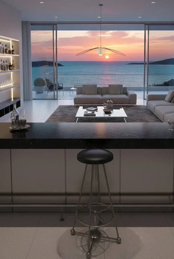 Antique black bar stool with details, sea view.