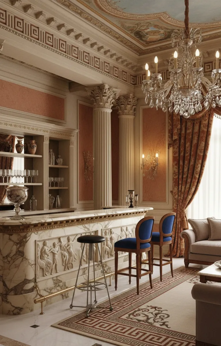 Antique stool in an elegant classic bar with gold details.