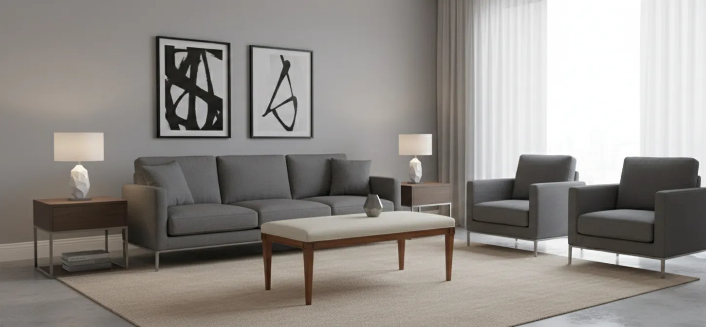 Antiker Hocker in der Nähe des Sofas, schafft eine moderne und elegante Atmosphäre.