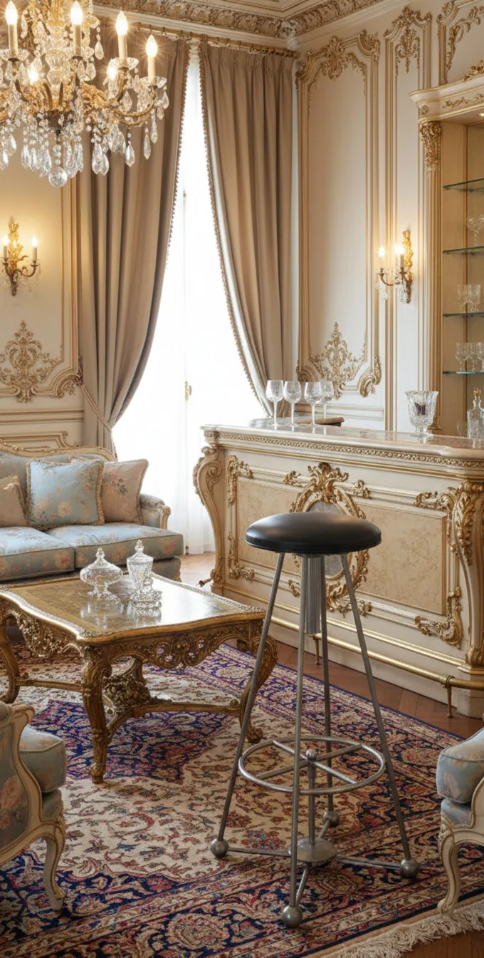 Black antique stool in an elegant living room with chandelier and sofas.