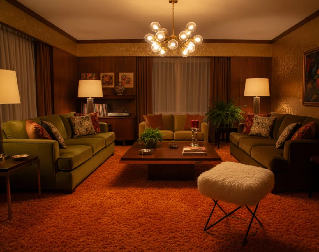 Antiker Hocker in einem Wohnzimmer mit orangefarbener Teppich und grünen Sofas