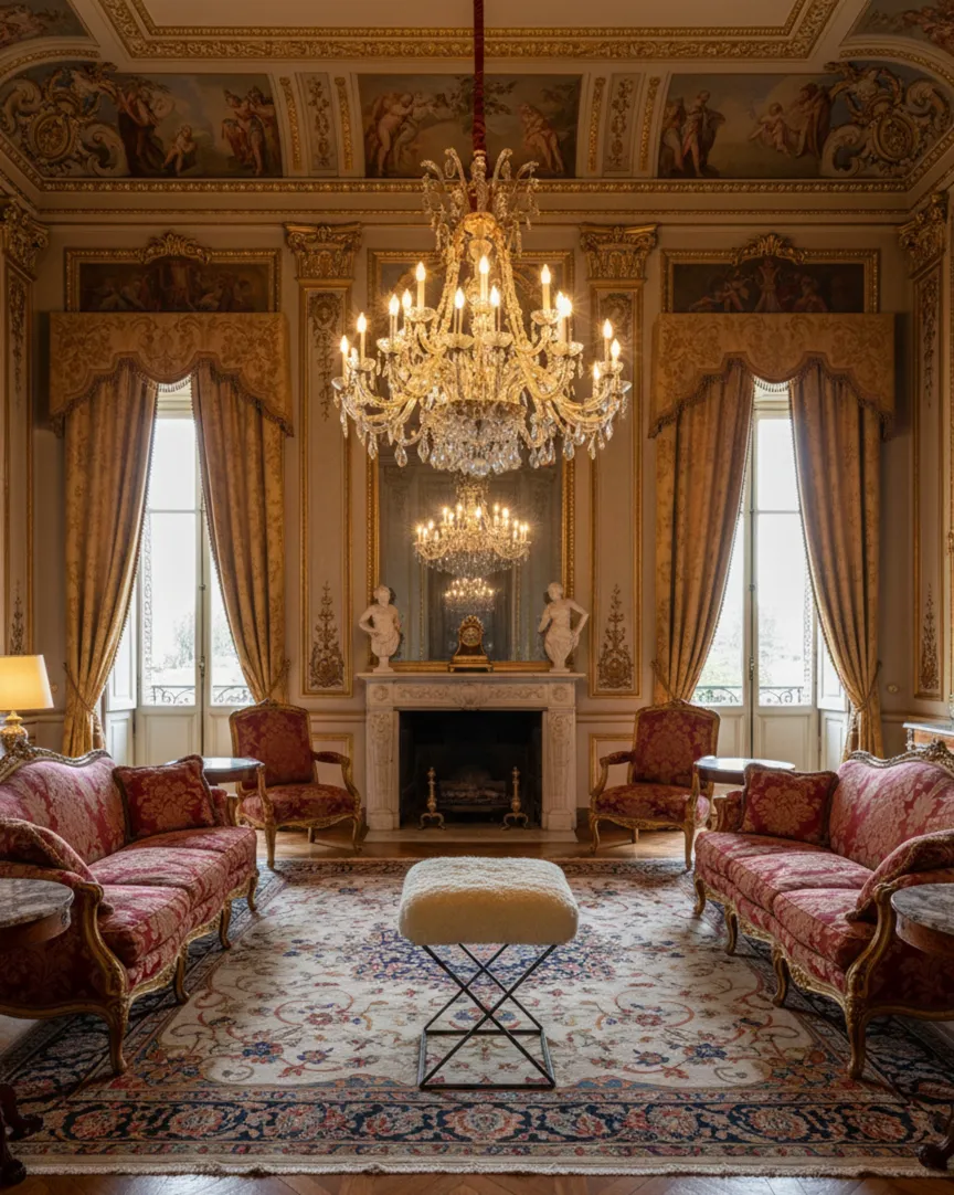 Tabouret ancien dans une pièce élégante avec un chandelier