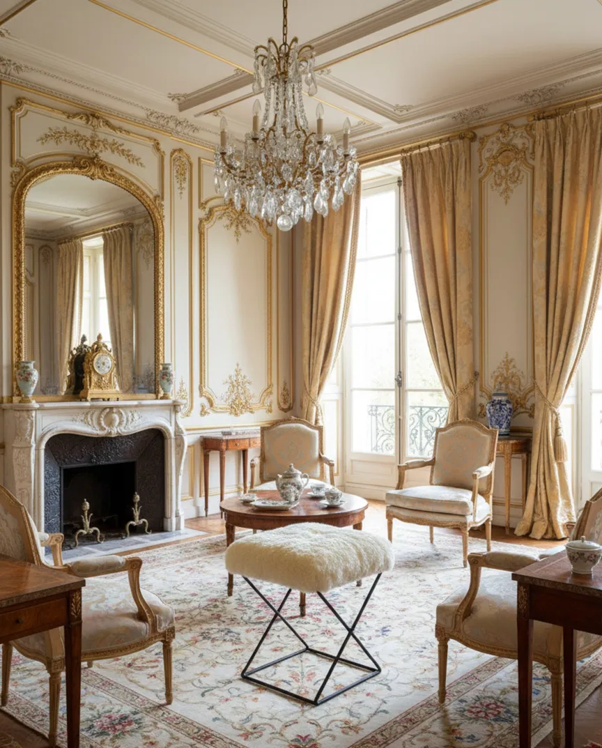 Antigua banqueta decorativa en un elegante salón, con una lámpara de cristal y cortinas doradas.