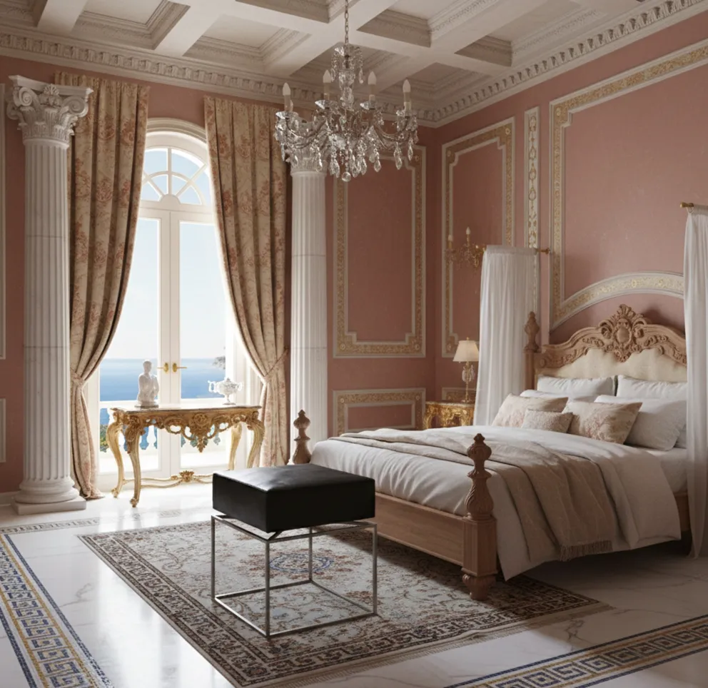 Ancien tabouret noir dans une chambre élégante avec lumière naturelle