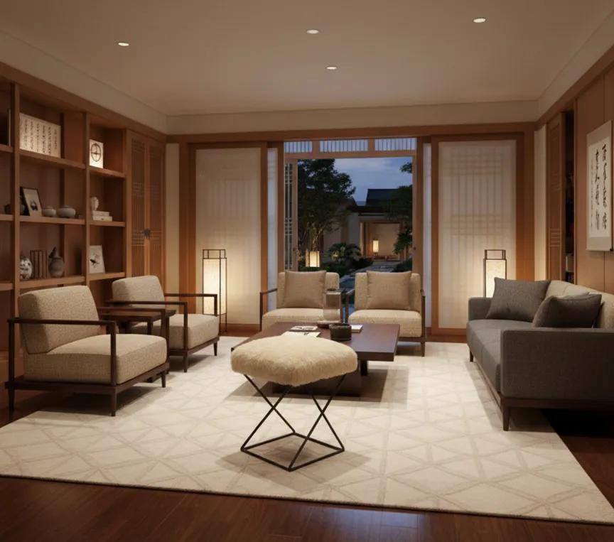 아늑한 거실에 부드러운 조명이 있는 고전적인 발받침대