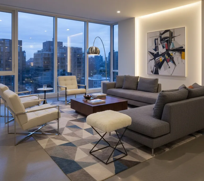 banqueta antiga em uma casa moderna com móveis contemporâneos