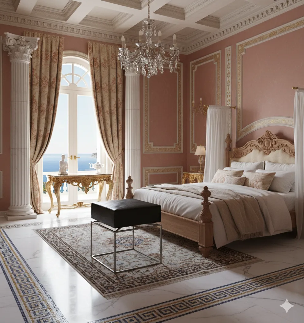 Antique bench in a classic style within an elegant setting.